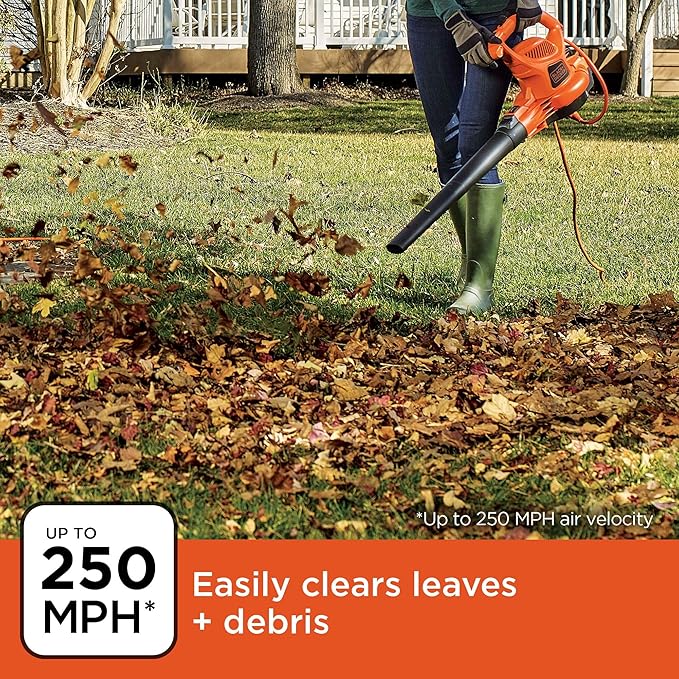 BLACK+DECKER Electric Leaf Blower, Leaf Vacuum and Mulcher 3 in 1, 250 mph Airflow, 400 cfm Delivery Power, Reusable Bag Included, Corded (BEBL7000) - LeafyLoom