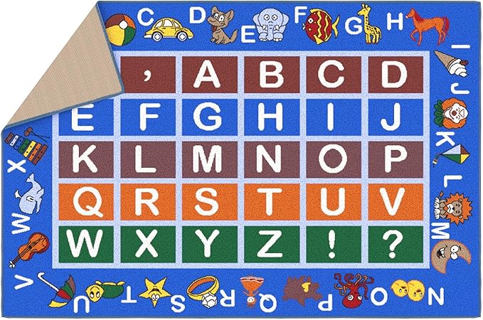 Machine Washable Educational Alphabet Design Non-Slip Rubberback 3x5 Kid's Area Rug for Playroom, Kid's Room, Bedroom, Kindergarten, 3'3" x 5', Blue - LeafyLoom