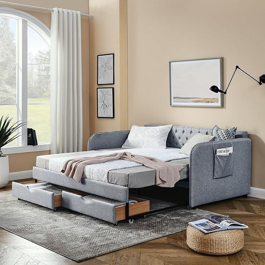 Twin Size Upholstery Daybed with Trundle Bed and 2 Storage Drawers, Flat Arms w/Pocket, Linen Extendable Bedframe for Bedroom Living Room, No Box Spring Needed & Space-Saving Design, Grey - LeafyLoom