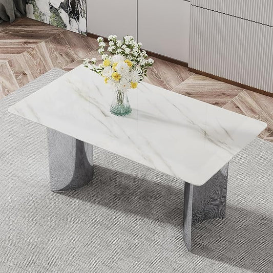 NicBex Modern Minimalist Dining Table White Imitation Marble Glass Sticker Desktop Stainless Steel Legs Stable and Beautiful Suitable for Living Room and Dining Room, White + Silver - LeafyLoom