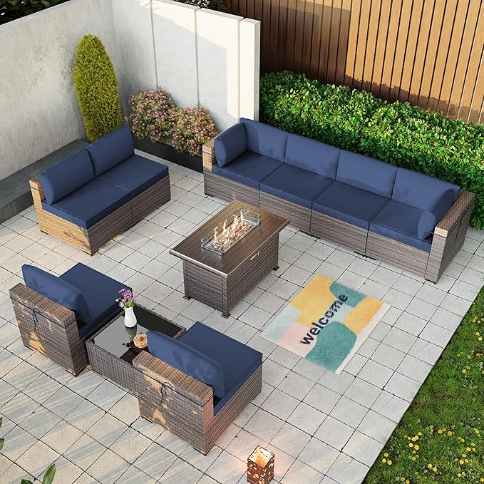 Kullavik 10 Pieces Outdoor Patio Furniture Set with 43" Gas Propane Fire Pit Table PE Wicker Rattan Sectional Sofa Patio Conversation Sets,Navy Blue - LeafyLoom