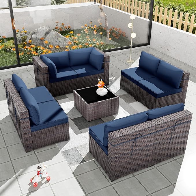 Patio Furniture Set 9-Pieces Outdoor Furniture for Backyard Wicker Sectional Sofa Set, Rattan Patio Conversation Set with Thickened Cushions and Glass Coffee Table, Navy Blue - LeafyLoom