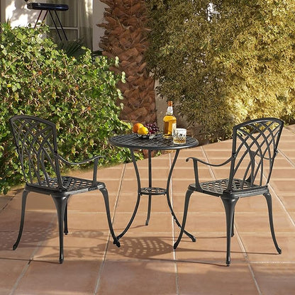 NUU GARDEN Patio Bistro Sets 3 Piece Cast Aluminum Bistro Table and Chairs Set with Umbrella Hole Bistro Set of 2 for Patio Backyard, Black - LeafyLoom