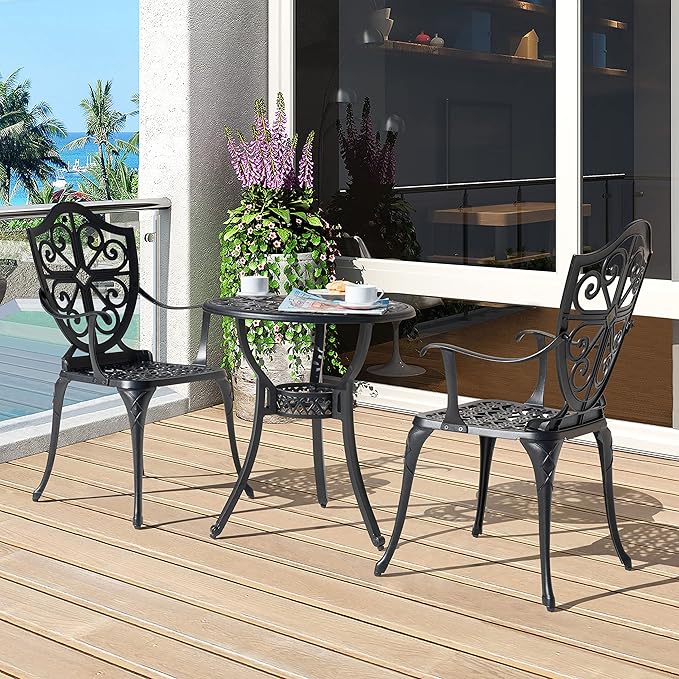 NUU GARDEN 3 Piece Outdoor Bistro Set All Weather Cast Aluminum Patio Set Bistro Table Set Rustproof Patio Table and Chairs with Umbrella Hole for Backyard, Balcony, Front Porch, Black - LeafyLoom