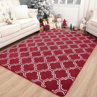 Chicrug Shag Geometric 5x7 Area Rug for Living Room, Large Modern Memory Foam Indoor Carpet, Fluffy Rug for Bedroom Bedside Room Decor for Family Girls Kids Nursery, Wine Red/White - LeafyLoom