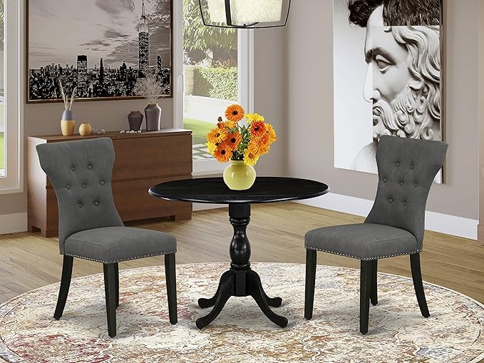 East West Furniture DMGA3-ABK-50 3 Piece Dinette Set for Small Spaces Contains a Round Dining Table with Dropleaf and 2 Dark Gotham Linen Fabric Parson Chairs, 42x42 Inch, Wirebrushed Black - LeafyLoom