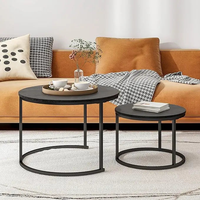 Round Coffee Table Set of 2 End Tables for Living Room,Black Coffee Table Nesting Tables,Living Room Table Wooden Accent Furniture Metal Frame,Sturdy Stacking Side Tables,Easy Assembly - LeafyLoom