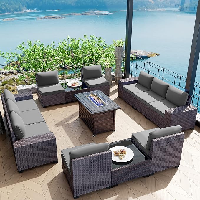 Kullavik 13 Pieces Outdoor Patio Furniture Set with 43" 55000BTU Gas Propane Fire Pit Table PE Wicker Rattan Sectional Sofa Patio Conversation Sets,Grey - LeafyLoom