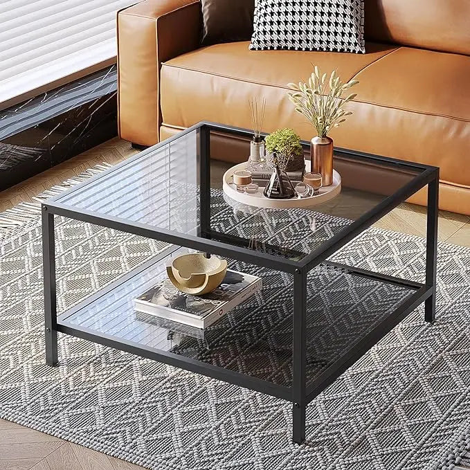 SAYGOER Modern Coffee Table Small Glass Coffee Table with Storage 2-Tier Simple Square Center Table for Living Room Home Office Sofa Table with Metal Frame 26.7 x 26.7 x 15.7 Inches, Gray Black - LeafyLoom