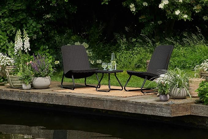 Keter Rio 3 Piece Resin Wicker Patio Furniture Set with Side Table and Outdoor Chairs, Dark Grey - LeafyLoom