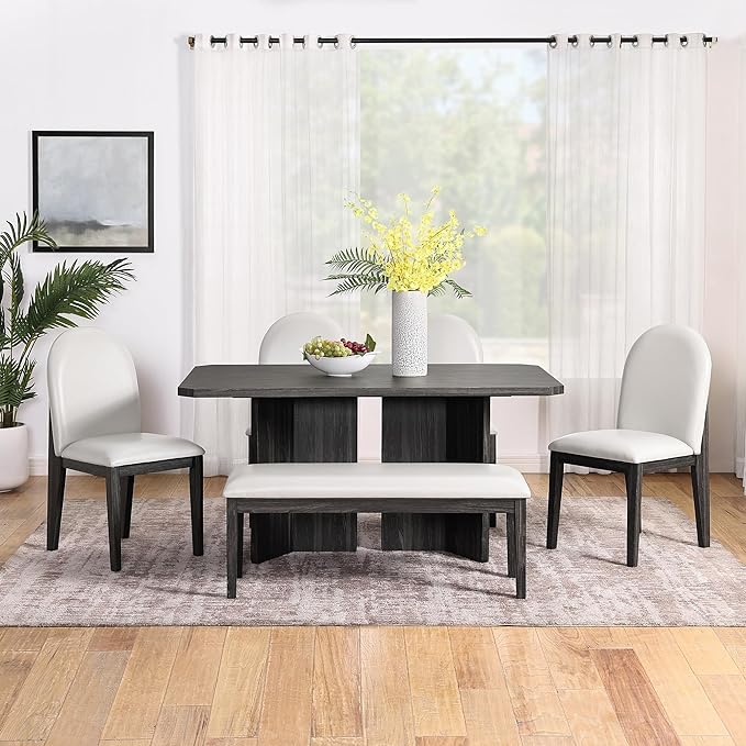 Modern 6-Piece, Including 60-inch Table, 4 Upholstered Chairs and Bench, Solid Wood Dining Set for Kitchen, Living Room, Apartment, Farmhouse, Black+White - LeafyLoom