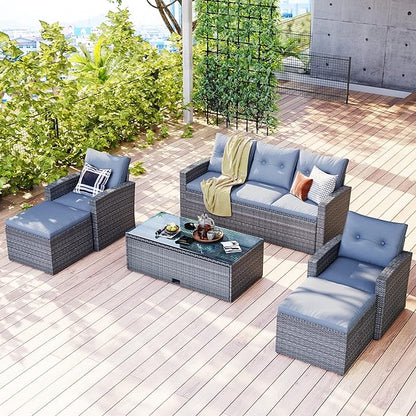 Merax Furniture 6-Piece All-Weather PE Rattan Patio Outdoor Conversation Set with Coffee Table,Wicker Sofas,Ottomans,Removable Cushions,Grey - LeafyLoom