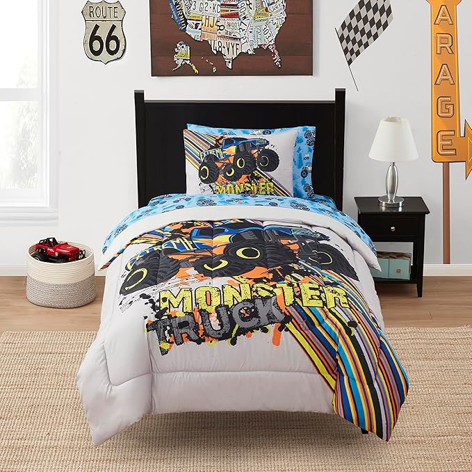 Kids Bedding Set Bed in a Bag for Boys and Girls Toddlers Printed Sheet Set and Comforter, Twin, Monster Truck - LeafyLoom