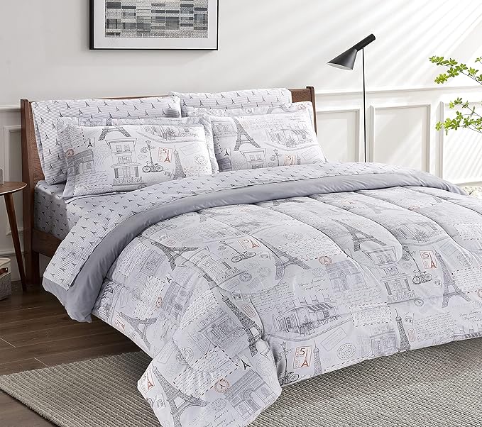 Printed King Bedding Sets with Comforter and Sheets, 7 Piece Bed in A Bag Comforter Set with Fluffy Microfiber, Vintage French Paris City Retro Eiffel Tower Pattern - LeafyLoom