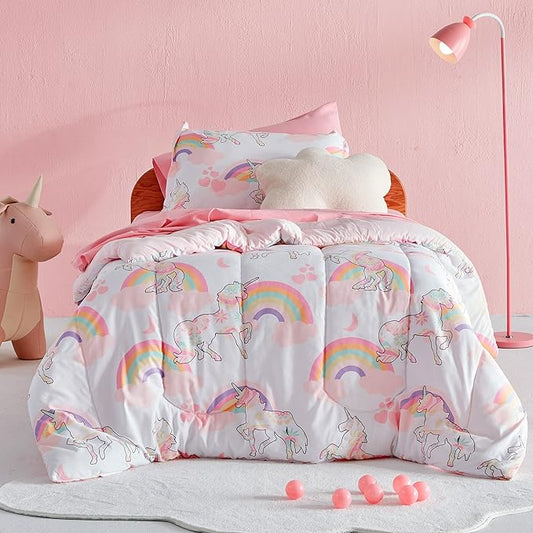 SLEEP ZONE Kids Bedding Comforter Set Full/Queen Size - Super Cute & Soft Kids Bedding 7 Pieces Set with Comforter, Sheet, Pillowcase & Sham (Pink Unicorn) - LeafyLoom