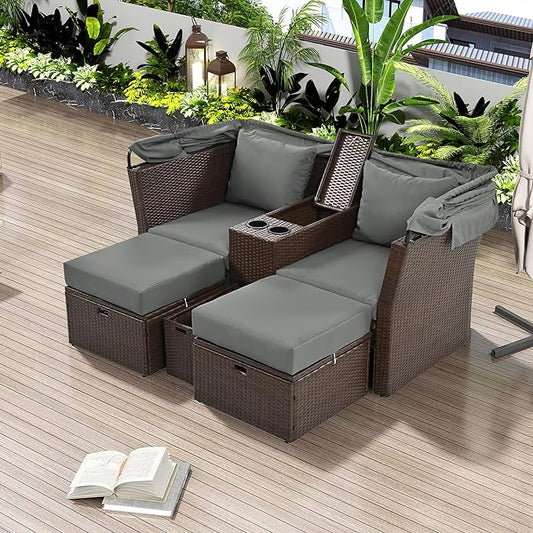 2-Seater Outdoor Patio Convertible Sunbed, All Weather Rattan Double Daybed Couch Foldable Awning, Cushions and Storage Boxes, Loveseat Sofa Set for Garden, Poolside, Balcony, Ab-Aa-Grey - LeafyLoom