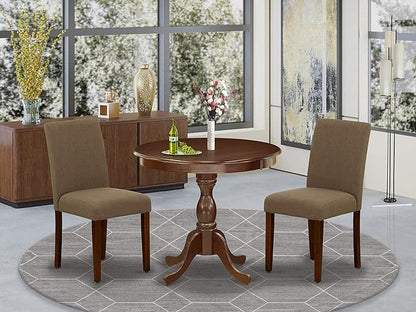 East West Furniture AMAB3-MAH-18 Antique 3 Piece Kitchen Set for Small Spaces Contains a Round Dining Table with Pedestal and 2 Coffee Linen Fabric Upholstered Chairs, 36x36 Inch - LeafyLoom