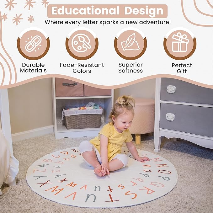 ABC Rug for Kids Room | 40 Inch Round Alphabet Rug with Capital and Lowercase Letters | ABC Boho Classroom Rug for Alphabet Learning - LeafyLoom