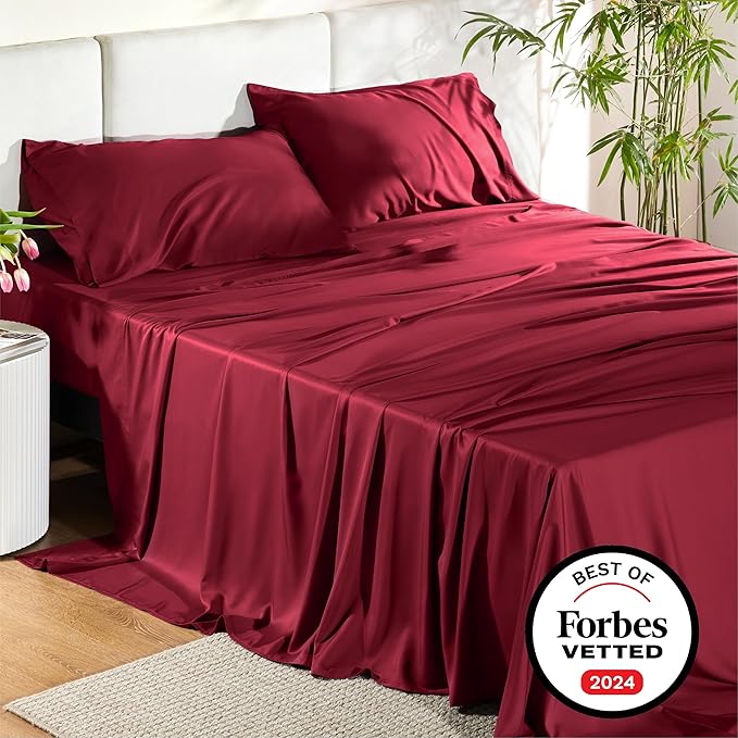 Bedsure Full Size Sheets, Cooling Sheets Full, Rayon Derived from Bamboo, Deep Pocket Up to 16", Breathable & Soft Bed Sheets, Hotel Luxury Silky Bedding Sheets & Pillowcases, Burgundy - LeafyLoom