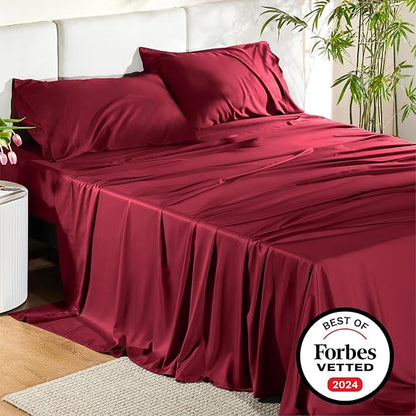 Bedsure Full Size Sheets, Cooling Sheets Full, Rayon Derived from Bamboo, Deep Pocket Up to 16", Breathable & Soft Bed Sheets, Hotel Luxury Silky Bedding Sheets & Pillowcases, Burgundy - LeafyLoom