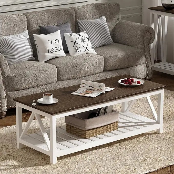 ChooChoo Farmhouse Coffee Table, Rustic Vintage Living Room Table with Shelf, 47 White - LeafyLoom