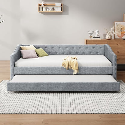 Twin Size Upholstered Daybed with Twin-Size Trundle,Elegant Wood Bed Frame w/Button Tufted Back and Waved Shape Arms & Nailhead,Slat Support,Sofa Bed for Apartment,Bedroom,Light Grey - LeafyLoom