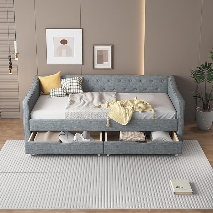 Twin Size Upholstered Daybed with 2 Drawers,Wood Sofa Bed Frame W/Button Tufted Backrest and Waved Shape Arms,Slats Support,Linen Fabric Day Bed,for Bedroom,Living Room,Apartment,Light Gray - LeafyLoom