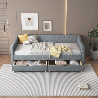 Twin Size Upholstered Daybed with 2 Drawers,Wood Sofa Bed Frame W/Button Tufted Backrest and Waved Shape Arms,Slats Support,Linen Fabric Day Bed,for Bedroom,Living Room,Apartment,Light Gray - LeafyLoom