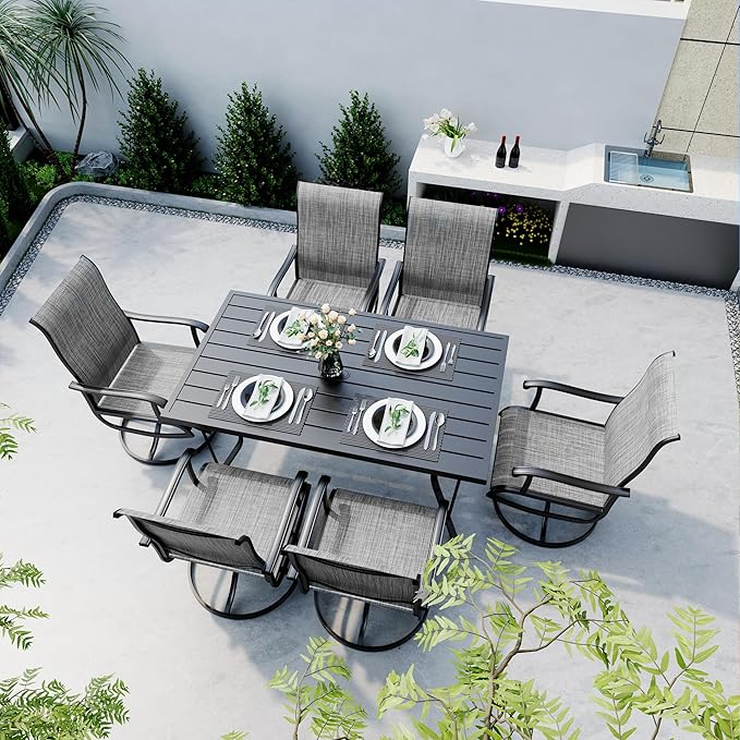 Pamapic 7 Pieces Patio Dining Set, Outdoor Dining Set All-Weather for Backyard Poolside Garden Deck, Modern Outdoor Table and Chairs Set with 6 Textilene Swivel Chairs,Gray - LeafyLoom