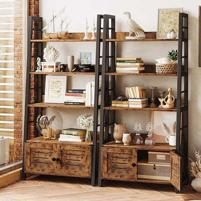 IRONCK Bookshelf with Louvered Doors, 3-Tier Ladder Shelf with Cabinet Industrial Accent Furniture for Bedroom Living Room Home Office, Rustic Brown - LeafyLoom