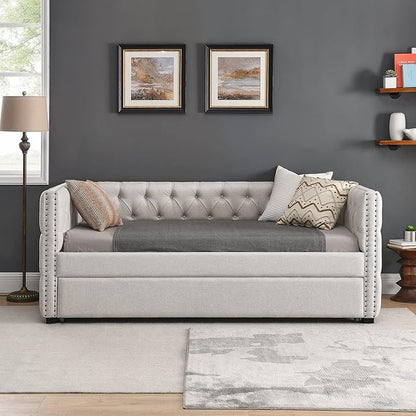 Twin Size Upholstered Daybed with Trundle, Bedroom Wooden Sofa Bed Frame w/Button Tufted and Copper Nail on Square Arms, No Spring Box Need, for Dorm, Beige (85"x42.5"x31.5") - LeafyLoom