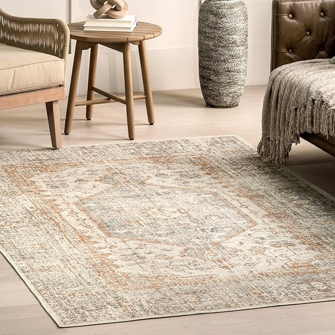 nuLOOM 8 Square Machine Washable Rain Haven Vintage Medallion Area Rug, Light Grey, Traditional Faded Design, Non-Slip Backing, Stain Resistant, For Bedroom, Dining Room, Living Room, Kitchen - LeafyLoom