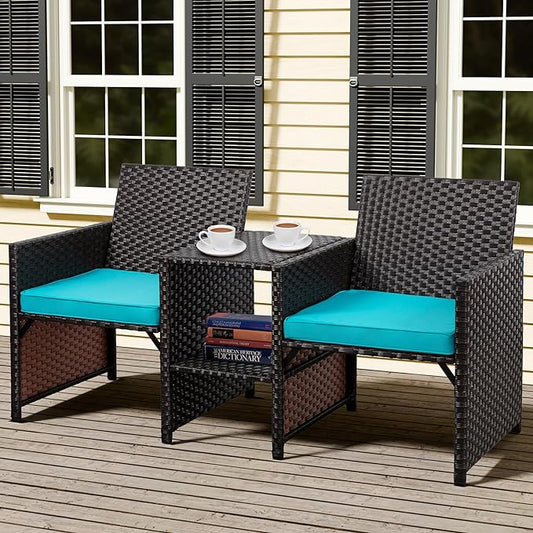 Shintenchi Wicker Patio Conversation Furniture Set with Detachable Chairs & Table and Two Removable Cushions,Rattan Wicker Lover Chair for Patio,Garden, Courtyard and Lawn Backyard (Blue) - LeafyLoom