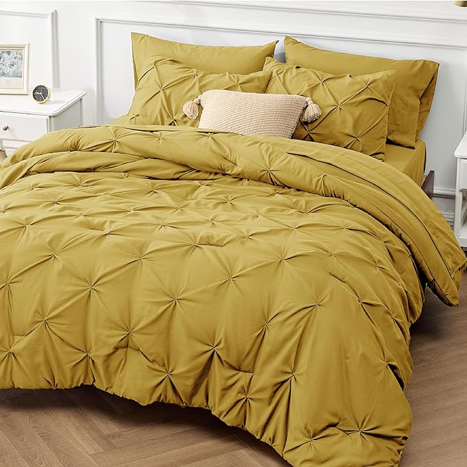 Bedsure Twin Comforter Set with Sheets - 5 Pieces Twin Bedding Sets, Pinch Pleat Mustard Yellow Twin Bed in a Bag with Comforter, Sheets, Pillowcase & Sham - LeafyLoom