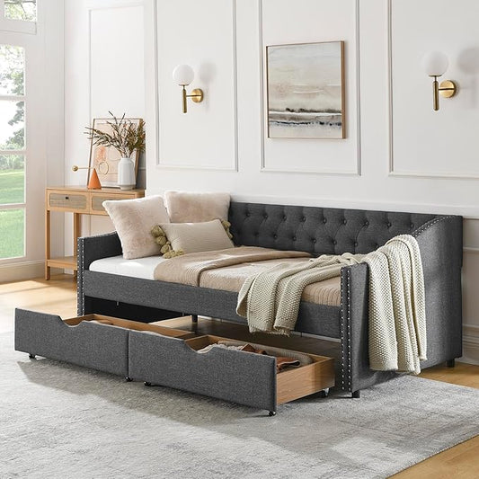 RITSU Twin Size Mid-Century Daybed, 2 Storage Drawers,Linen Button Upholstered Tufted Sofa Bed, Copper Nail on Waved Shape Arms, No Box Spring Needed,for Bedroom, Livingroom, Dark Grey, 81.50 - LeafyLoom