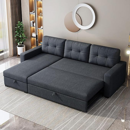 Sleeper Sofa Couch with Pull Out Bed,L Shaped Sleeper Sofa with Storage,Sectional Sleeper Couch,Convertible Sleeper Sectional Sofa W/Chaise and 3 Back Cushions,for Living Room,Office,Dark Grey - LeafyLoom