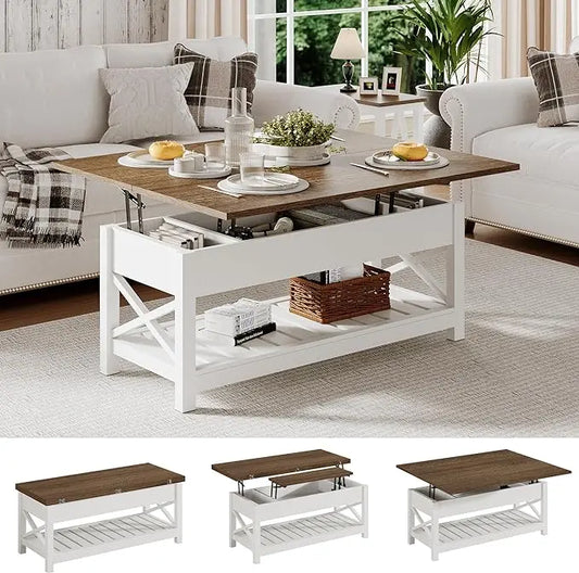 ChooChoo Farmhouse Lift Top Coffee Table, Multi-Function Convertible Coffee Table with Storage and Hidden Compartment, Coffee Table Converts to Dining Table for Living Room, 40 White & Brown - LeafyLoom