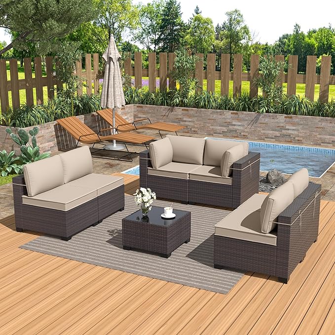 Patio Furniture Set 7-Pieces Outdoor Furniture for Backyard Wicker Sectional Sofa Set, Rattan Patio Conversation Set with Thickened Cushions and Glass Coffee Table, Sand - LeafyLoom