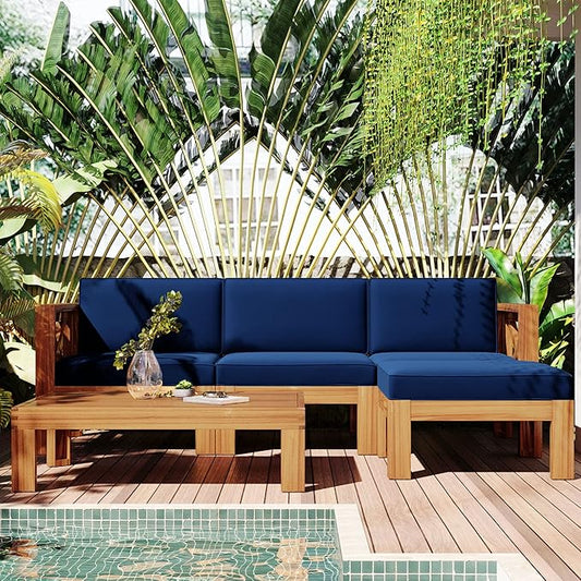 5-Piece Outdoor Patio Furniture Sectional Sets, Wooden L-shaped Corner Sofa Seating with Tea Table and Removable, Backyard Gardern Deck, Natural Finish+ Blue Cushions - LeafyLoom