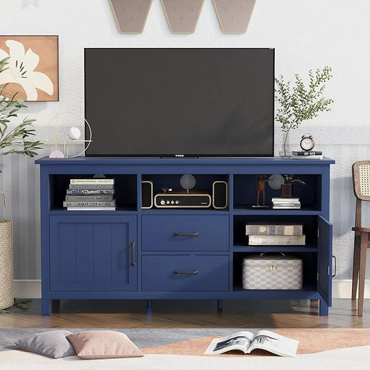 57 Inch TV Stand, Modern Television Stands with 2 Doors, 2 Drawers and Open Style Cabinet, Entertainment Center/Sideboard with Ample Storage Space for Living Room and bedroom, Navy - LeafyLoom