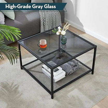 SAYGOER Coffee Table with Storage Modern Glass Coffee Tables Square Industrial Simple Center Table for Living Room Home Office Small Space 27.6 x 27.6 x 17.7 Inches Easy Assembly Gray Black - LeafyLoom