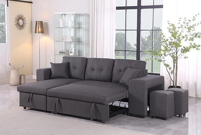 RITSU Reversible Sectional Sofa, Pull Out Loveseat Sleeper Bed Storage Space and 2 Stools, Corner Couch with Side Cabinets, Suitable for Living Room, Apartment Dark Gray, 95.27inch - LeafyLoom