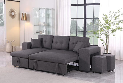 RITSU Reversible Sectional Sofa, Pull Out Loveseat Sleeper Bed Storage Space and 2 Stools, Corner Couch with Side Cabinets, Suitable for Living Room, Apartment Dark Gray, 95.27inch - LeafyLoom