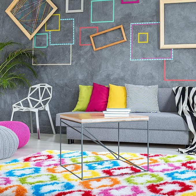 Tepook Fluffy Colorful Rug for Kids, Shaggy Soft Rainbow Area Rugs for Girls Bedroom, Indoor Modern Geometric Moroccan Rugs Plush Girls Kids Rug for Playroom Teens Room Nursery Home Decor, 3 X 5 ft - LeafyLoom