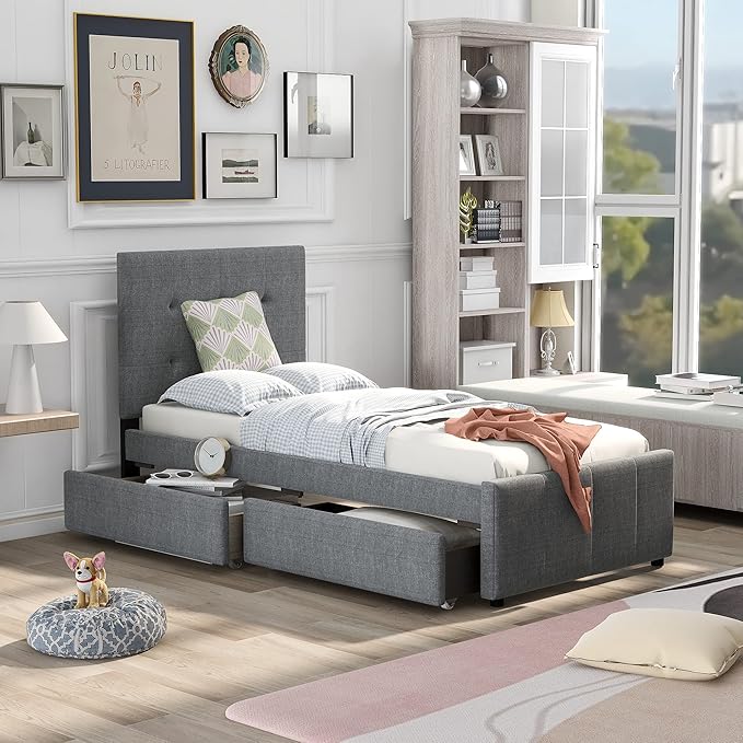 Bellemave Upholstered Twin Size Platform Bed Frame with 2 Storage Drawers and Headboard, Linen Fabric Simple Style, Solid Wooden Slats Support, No Box Spring Needed, Grey - LeafyLoom