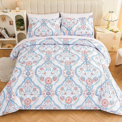 Printed Queen Bedding Sets with Comforter and Sheets, Lightweight Boho Floral 7 Piece Bed in A Bag Comforter Set for Women, Pink and Blue Mandala Flower Pattern - LeafyLoom