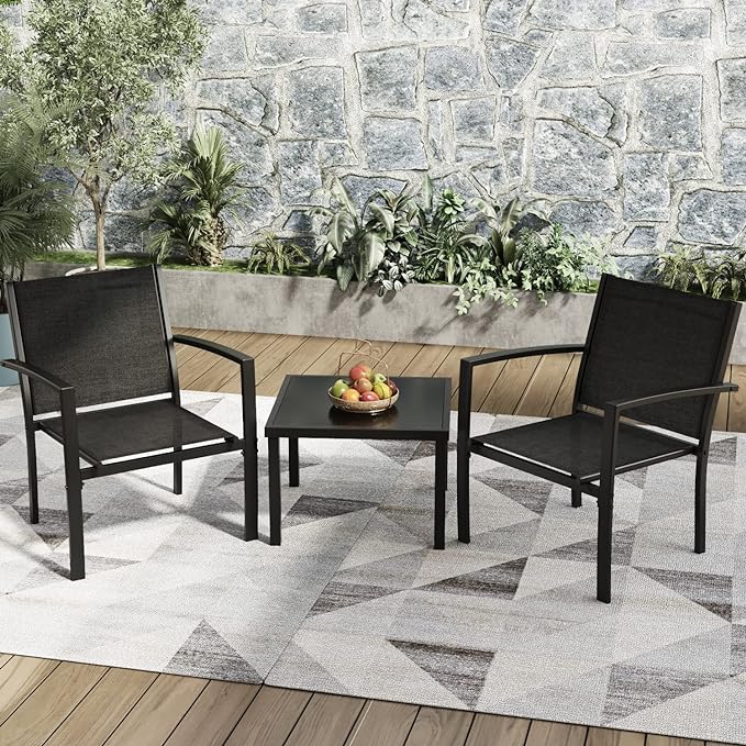 Greesum 3 Pieces Patio Furniture Set Outdoor Conversation Textilene Fabric Chairs for Lawn, Garden, Balcony, Poolside with A Glass Coffee Table, Black - LeafyLoom