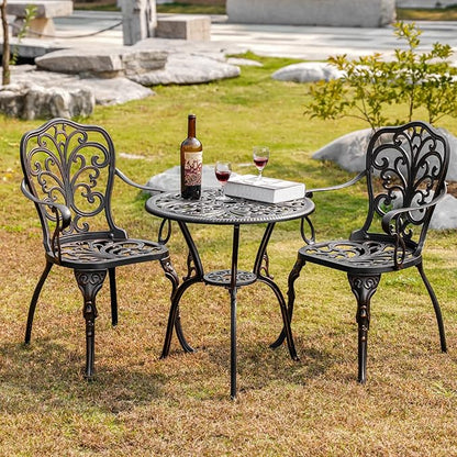 Outdoor Bistro Table and Chairs Set of 2 Cast Aluminum Patio Bistro Set with Umbrella Hole, All Weather Bistro Table Set for Garden, Bronze - LeafyLoom