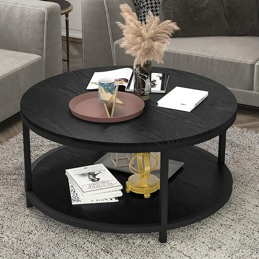 NSdirect 36 inches Round Coffee Table, Rustic Wooden Surface Top & Sturdy Metal Legs Industrial Sofa Table for Living Room Modern Design Home Furniture with Storage Open Shelf (Black) - LeafyLoom