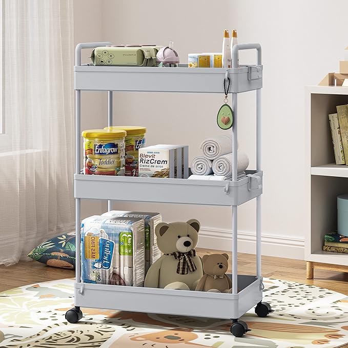 Ronlap 3 Tier Classic Storage Rolling Cart, Slim Storage Cart with Wheels Slide Out Storage Rolling Cart Organizer Plastic Utility Carts for Bathroom Laundry Room Kitchen Office Narrow Place, Grey - LeafyLoom